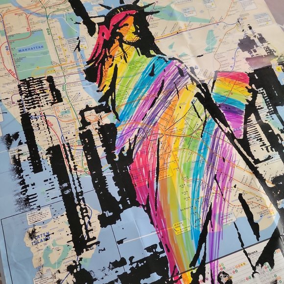 Rare Acrylic Handpainted Statue of Liberty Art on a NYC Subway Map Lady Liberty - Picture 4 of 7